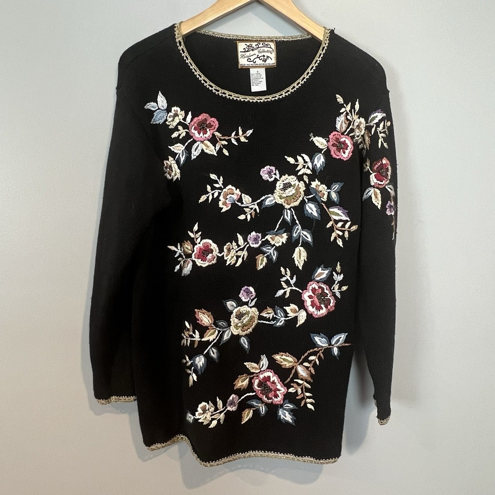 Heirloom Collectibles Embroidered Floral Sweater Womens Size Small Vtg